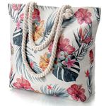 Wikay Large Beach Tote Bag Canvas Tote Bag with Zipper Floral Beach Tote Bag with Rope Handle Handbags Shoulder Bag Shopping Bag for Women for Travel Pool Shopping Holiday Gym