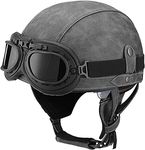 Motorcycle Half Helmet Retro German Handmade Leather Half Face Quick Release Buckle & Goggles - ECE Approved Motorbike Half Helmet with Goggles F,S(55~56cm)