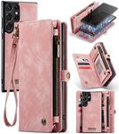 for Samsung S23 Ultra 5G Wallet Case, Premium PU Leather Purse Magnetic Detachable Phone Cover with Zipper Pocket 9 Card Slots Hand Strap Galaxy S23 Ultra Horizontal Viewing Stand (Vintage Pink)