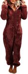 MUMUBREAL Womens Fleece Onesies Pajamas Jumpsuit Warm Sherpa Romper Sleepwear One Piece Zipper Hooded Playsuit Loungewear(Wine Red,S)