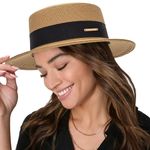 Summer Beach Boater Sun Hat for Women Flat Straw Fedora Hat, Khaki, Small-Medium