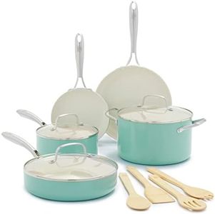 GreenLife Artisan Healthy Ceramic Nonstick, 12 Piece Cookware Pots and Pans Set, Stainless Steel Handle, PFAS-Free, Dishwasher Safe, Oven Safe, Turquoise