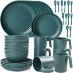 Shopwithgreen Reusable Plastic Dinnerware Sets (Plates, Bowls, Mugs, Forks, Spoons) for Kids and Adults, Picnic and Camping Mess Set, 36 pcs Service for 6