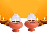 Our Rural Diya with Glass Cover deepam Oil lamp mud Diya with Cover Set of 2 vilakku lamp for Pooja