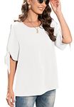 Jouica Women's Summer Loose Knot Cuff Sleeve Shirt Chiffon Elegant Dressy Blouse Work Tops,White,Large
