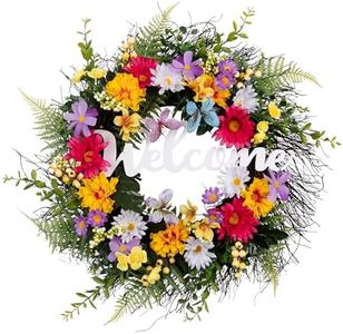 Valery Madelyn Spring Summer Wreaths for Front Door，Collapsible 24 Inch Door Wreath with Daisy Flower,Butterfly and “Welcome” Wood Sign Floral Wreath for Wedding, Wall, Home Decorations
