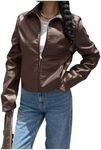 MakeMeChic Women's Crop Faux Leather Jacket Vintage Long Sleeve Collar Zip Up Biker Motorcycle Jackets Coats Brown Medium