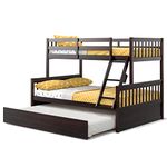 KOMFOTT Wood Bunk Bed with Trundle Twin Over Full, Bunk Bed Frame with Solid Pine Wood Frame, Space-Saving Bunk Bed with Ladder & Safety Guardrails, No Box Spring Needed