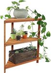 Sunnydaze Meranti Wood 3-Tier Corner Plant Stand Shelves with Teak Oil Finish - Indoor/Outdoor Wooden Planter Furniture - Potted Plant Holder Table for Patio and Home - 36-Inch