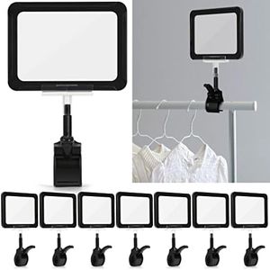 Acrylic Sign Holder with Clamp, 6 x 9 Inch Double Head Display Clips with PVC Card Protector, Rotating Sign Price Tag Clip On Sign Display for Hangrails or Tubes (Pack of 7) (Black)