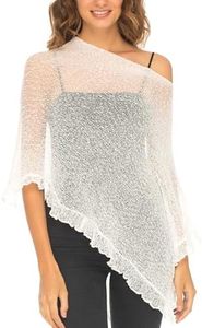 SHU-SHI Women’s Sheer Knit Poncho Shrug Lightweight Asymmetrical Ruffle Wrap Dressy Summer Shawl Cover Up Top
