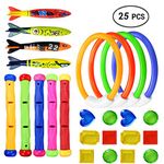 25pcs Underwater Swimming/Diving Pool Sets, Diving Rings(4pcs), Diving Sticks (5pcs), Toypedo Bandits(4Pcs) with Under Water Treasures (12Pcs) for Pool Sinking Swimming Game Underwater Training Play