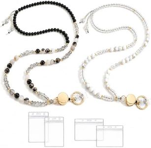 2 Pcs Lanyards for ID Badges and Keys - Natural Stone Beaded Teacher Lanyard for Women, Retractable with ID Holder Cute Lanyard Teacher Nurse Office Staff Badge Necklace for Women Black White