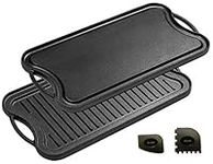 Cast Iron Griddle (20" by 10"), Reversible, Pre-Seasoned, Grill and Griddle Combo Pan, BBQ, Campfire, fits over two stovetop burners