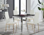 Furniturebox UK Enna Black Glass Extending Dining Table and 4 White Gold Leg Milan Chairs