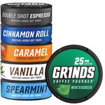 Grinds Coffee Pouches | 6 Can Sampler | Caramel, Black Coffee, Cinnamon Roll, Vanilla, Wintergreen, Spearmint | Tobacco Free, Nicotine Free Healthy Alternative | 1 Pouch eq. 1/4 Cup of Coffee