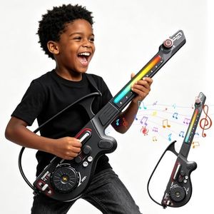 Smart Guitar for Kids, Stringless Electric Guitar Toy with Bluetooth, 4 Tones & 3 Music Styles, DJ Play Set with Colorful Lights Rechargeable, Musical Gift for Boys Girls Ages 3-12.(Black)