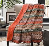 Cozyholy Boho Quilt Full Queen Size 100% Cotton Quilted Blanket Colorful Bohemian Striped Bedspread Coverlet Reversible Lightweight Stitch Vintage Bed Cover Throw Blanket for Couch Sofa Orange