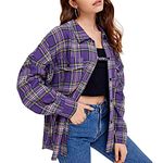 FeMereina Women´s Button Down Flannel Shirts Plaid Shacket Long Sleeve Collared Business Casual Tops Work Blouses (Purple, X-Large)