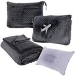 Nenolix 3 in 1 Travel Blanket Pillow Set - 350 GSM Thick Travel Blanket Airplane Compact with Bag, Soft Bag with a Pocket, Inflatable Travel Pillow for Camping & Car Trip (Dark Grey)