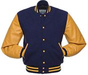 Men’s Varsity Jacket - Classical Original Design – Genuine Real Cowhide Leather Sleeves Letterman Baseball Bomber American USA Vintage Fashion Sports Style Lettermen Jacket (Large, Navy Blue & Gold)