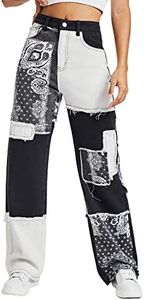 WDIRARA Women's Print High Waisted Slant Pockets Wide Leg Jeans Denim Pants Black Paisley M