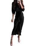 BTFBM Women 2023 Long Sleeve Lapel V Neck Button Down Satin Dress Belted Elegant Ruched Spring Summer Maxi Shirt Dresses(Solid Black, X-Large)