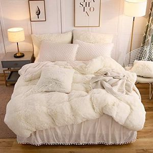 LIFEREVO Luxury Plush Shaggy Duvet Cover Set, Soft Velvet Fluffy Furry Duvet Cover Set(1 Cream Faux Fur Fuzzy Comforter Cover+1 Pom Pom Pillow Case)Bedding Set,Zipper Closure(Twin/Twin XL,Light Beige)