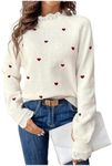 GORGLITTER Women's Heart Lace Valentine Patchwork Pullover Sweater Embellished Long Sleeve Cute Knitwear Sweater Jumper Beige Small