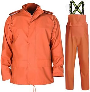 FWG Men's Hi-Vis Rain Suit Combo - Waterproof, Stretchable Jacket & Bib Pants, Durable Workwear for Construction & Outdoor Labor.(Orange,L)