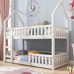 ModernLuxe Children's Bed Frame 3FT, Bunk Bed for Kids with House Canopy & Ladder, Pine Wood, 195x98x192 cm, White