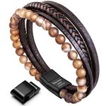 murtoo Mens Bead Leather Bracelet, Natural Bead, Steel and Leather Bracelet for Men Christmas Gift (Brown bead, 8.07)