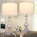 Farmhouse Table Lamps Set of 2, 26" Rustic Touch Control Bedside Lamps with 2 USB Ports & AC Outlet, Vintage Resin 3-Way Dimmable Nightstand Lamp Linen Fabric Shade for Living Room Bedroom Decor Gray