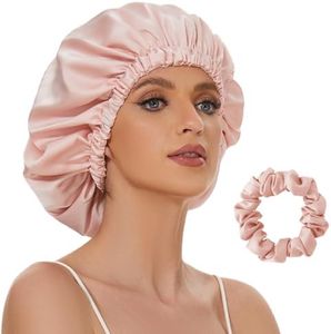 22 Momme 100% Mulberry Silk Bonnet for Sleeping Women, Adjustable Silk Hair Wrap for Sleeping Hair Care, Bonnet with Elastic Stay On Head(Pink) showercap