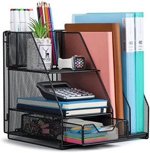 Desk Organizer, File Organizer for Desk with 2-Tier Paper Letter Tray, Drawer and 2 Pen Holder, Mesh Desktop Organization with Magazine Holder for Office Supplies