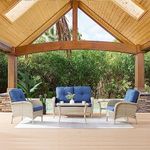 HUMMUH 4-Piece Patio Furniture Wicker Outdoor Conversation Set,All-Weather Rattan Outdoor Bistro Set with Loveseat Chairs Coffee Table for Backyard,Poolside,Deck