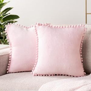 PAVILIA Light Pink Throw Pillow Covers with Pom Pom 20x20 Set of 2, Decorative Pillow Cases for Bedroom Aesthetic, Small Throw Pillows Set for Bed, Velvet Euro Plush Cushion Covers for Sofa Couch