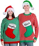 Shinymoon 3 Pcs Two Person Christmas Sweater Outfit Couple Ugly Sweater with Naughty Nice Santa Hat for Holiday Party, Cute Style, One size