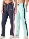 Modeve Women's Aqua and Denim Regular Fit Striped with Side Pockets Cotton Track Pants for Summer (L)