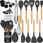 Umite Chef Kitchen Cooking Utensils Set, 24 pcs Non-Stick Silicone Cooking Kitchen Utensils Spatula Set with Holder, Woodle Handle Heat Resistant Silicone Kitchen Gadgets Utensil Set (Black Gray) …