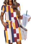 Hotouch Womens 2024 Summer Casual Dress Short Sleeve Crew Neck Tie Waist Hide Belly Midi T-Dress with Pockets