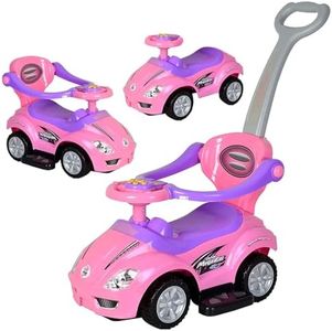 ChromeWheels Push Cars for Toddlers, 3 in 1 Ride on Push Car with Guardrail, Ride on Toys Mega Car w/Push Handle & Horn & Music & Under Seat Storage, Pink