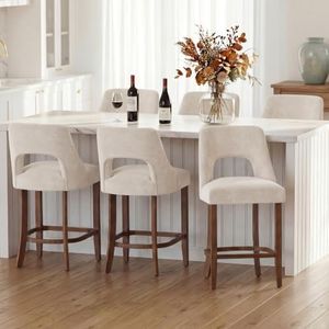 UVV Bar Stools Set of 6, Upholstered Counter Height Bar Stools, Modern Counter Stools with Wood Legs for Kitchen Island Dining Room Bar, Beige