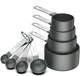 8 Pcs Measuring Cups and Spoons Set, Stackable Stainless Steel Handle Accurate Tablespoon for Measuring Dry and Liquid Ingredients Small Teaspoon with Plastic Head (Black)