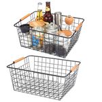 LeleCAT Large black wire baskets with Wooden Handles for storage pantry, Storage Organizer Baskets, Household Refrigerator for Cabinets, Closets, Bedrooms, kitchen - Set of 2（Black）