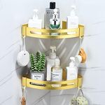 Corner Shower Caddy Wall Mounted, Metal Bathroom Storage Shelves with Hooks, Rust Proof Triangle Shower Shelf No Drilling, Adhesive Installation Bathroom Basket (2 Tiers, Bright Gold)