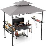 HAPPYGRILL 8 x 5 FT BBQ Grill Gazebo with 2 Side Shelves, Storage Basket, Hanging Hooks, Bottle Opener, Double-Tiered Top, Metal Frame, Outdoor Barbecue Canopy, Grilling Shelter for Patio Garden Yard