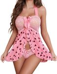 Avidlove Women Lace Lingerie Open Front Babydoll Halter V Neck Nightwear Sexy Chemise Nightie Pink Heart Print