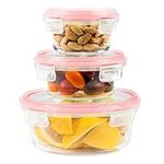 Home Fleek Airtight Round Glass Food Containers with Lids - Stackable Food Storage Containers, Space Saving, Airtight, Microwave, Oven and Freezer Safe Meal Prep Containers (Set of 3, Red)