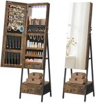 SONGMICS LED Cabinet Standing, Lockable Jewelry Armoire with Full-Length Mirror, Space-Saving Jewelry Organizer with Mirror, Bottom Drawer and Shelf, Gift Idea, Rustic Brown UJJC025X01